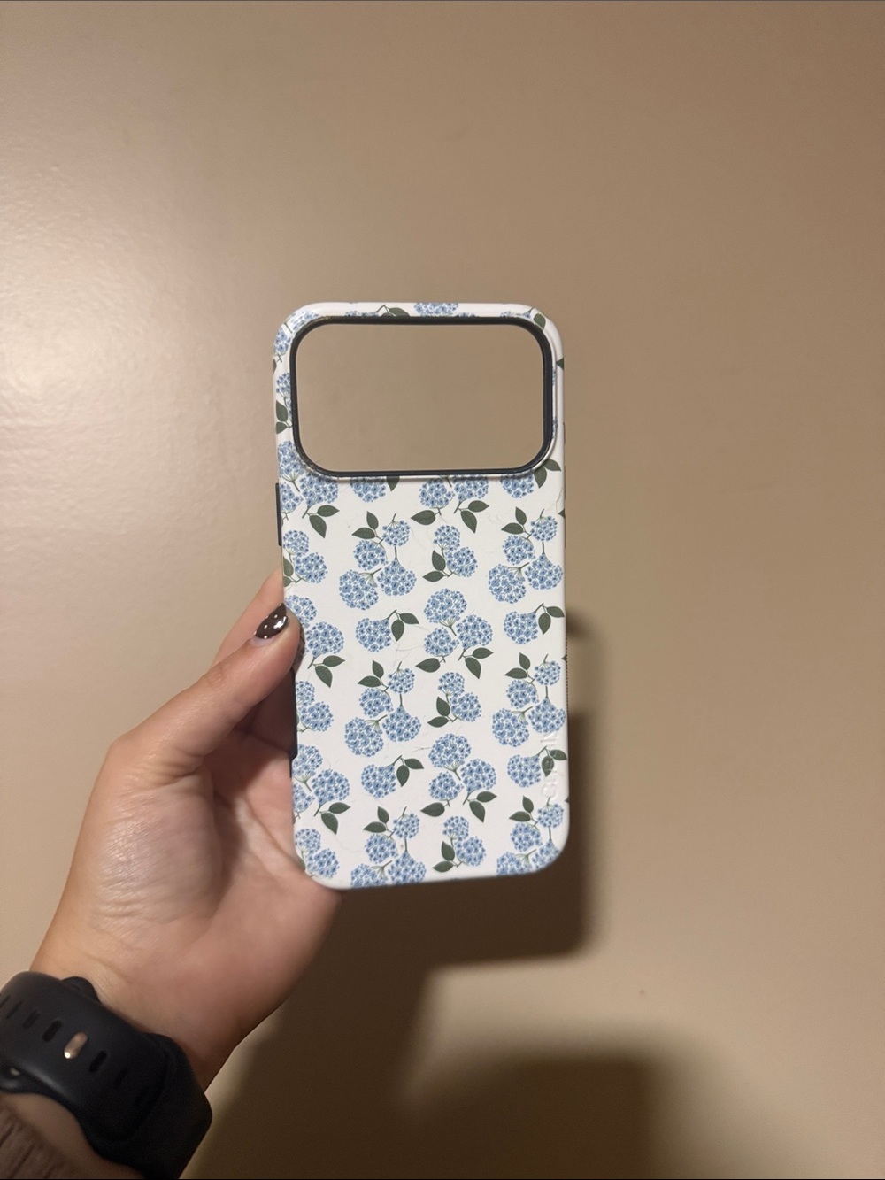 White Floral Phone Case with Blue Hydrangea Pattern